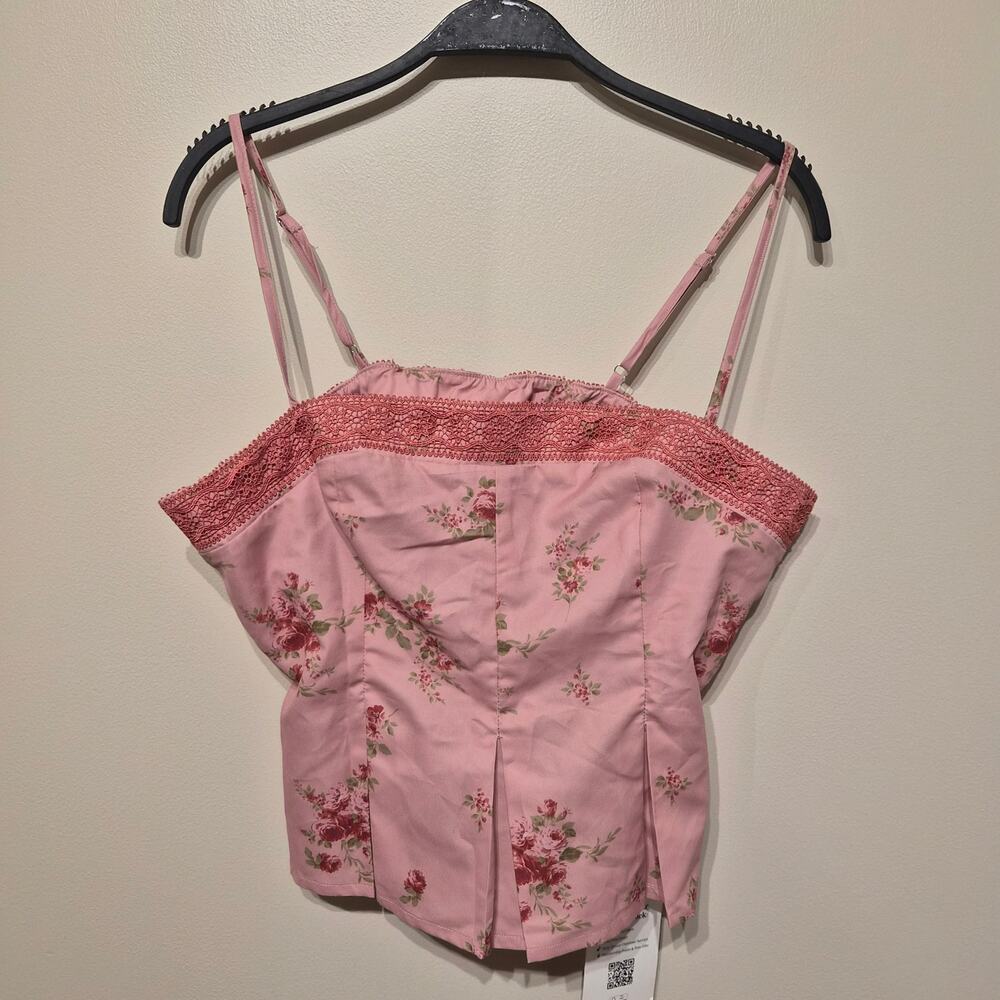 Cider NWT Large Floral Lace Trim Pleated Cami Pink Feminine Cottagecore